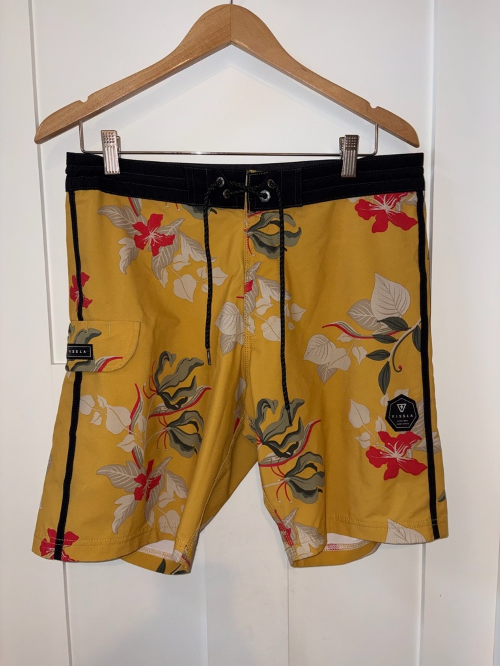 VISSLA Mustard Floral Swim Boardshorts with Black Waist